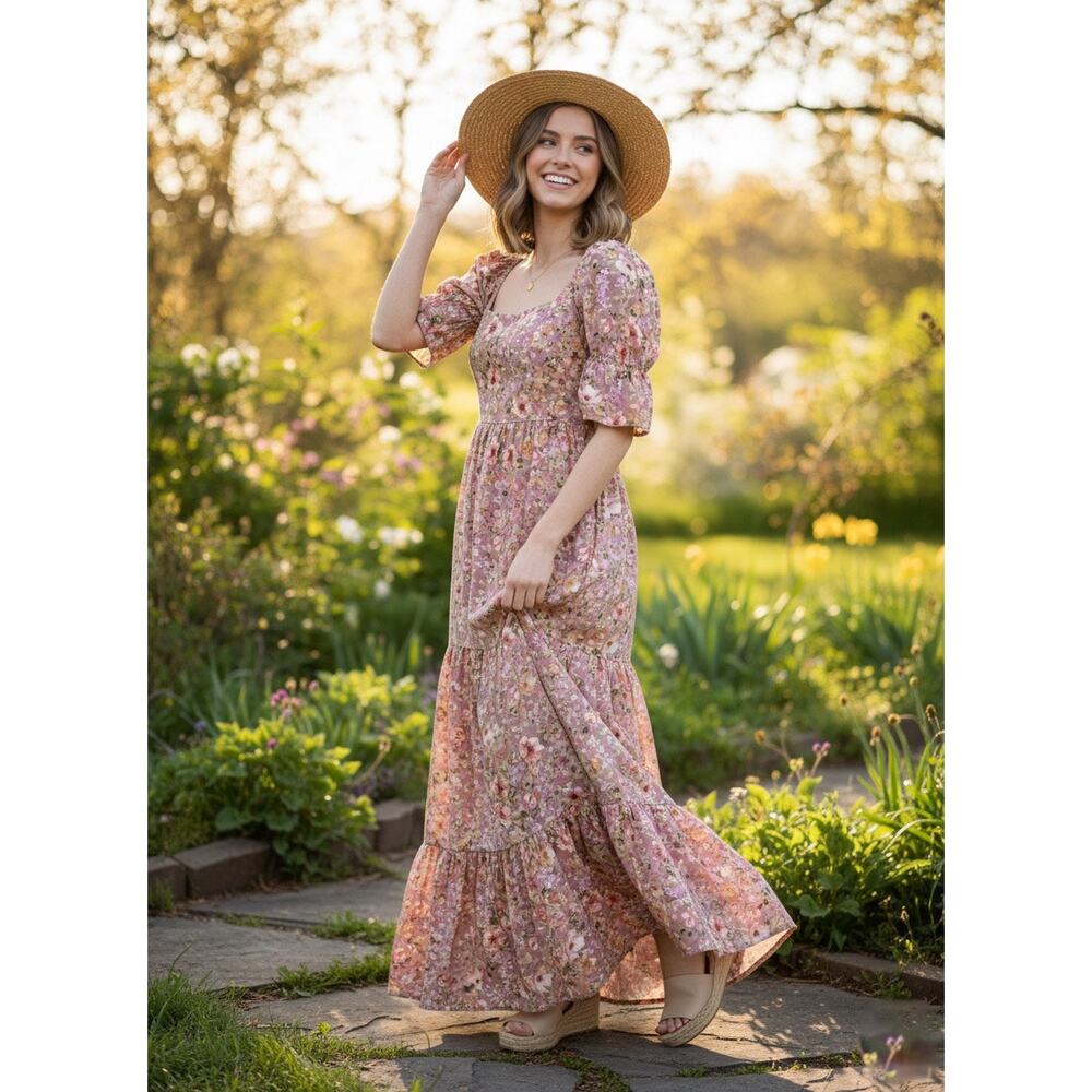Inmod Pink Floral Puff Sleeve Open Tie Back Maxi Dress Small Romantic Feminine